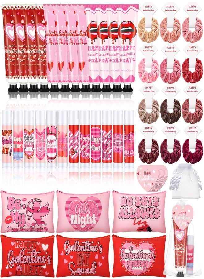 Dimsile 72 Pcs Valentine's Galentine's Day Gifts Hand Cream and Lip Balm Makeup Bag Hair Scrunchies Bulk Set with Organza Bag Heart Shaped Happy Galentine's Day Gift Card for Women Friends - Image 1